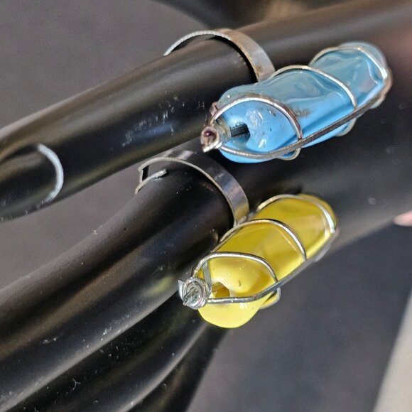 Southwest Turquoise Serpentine Rings Wire Wrapped Adjustable Ceramic Handmade - Picture 5 of 14